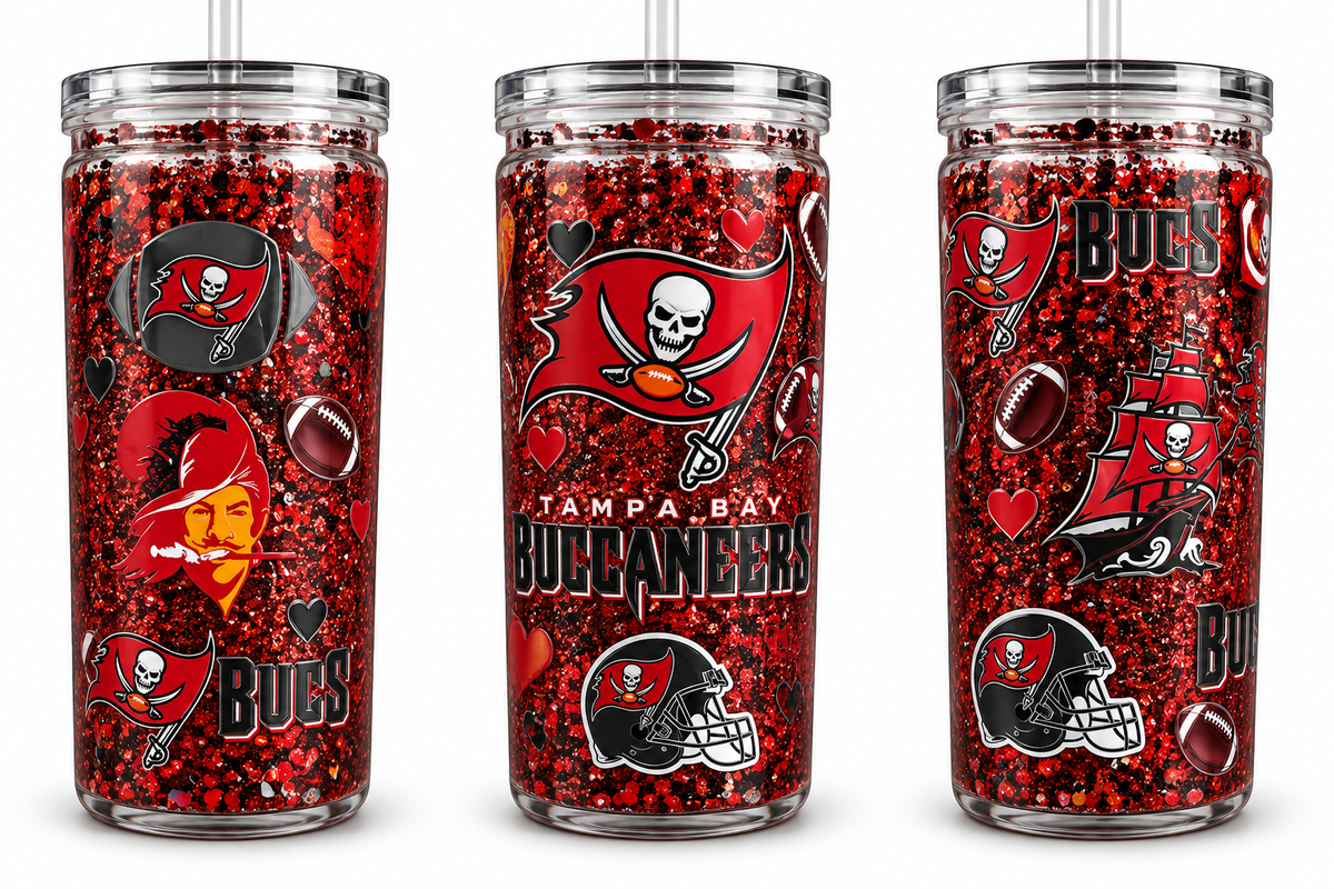 16 oz Tampa Bay Buccaneers Red & Black Glitter Plastic Tumbler