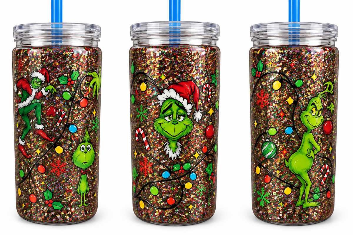 16 oz Grinch Christmas Lights Glitter Plastic Tumbler