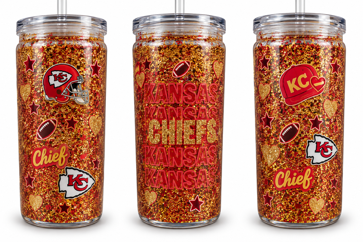 16 oz Kansas City Chiefs Red & Gold Glitter Plastic Tumbler