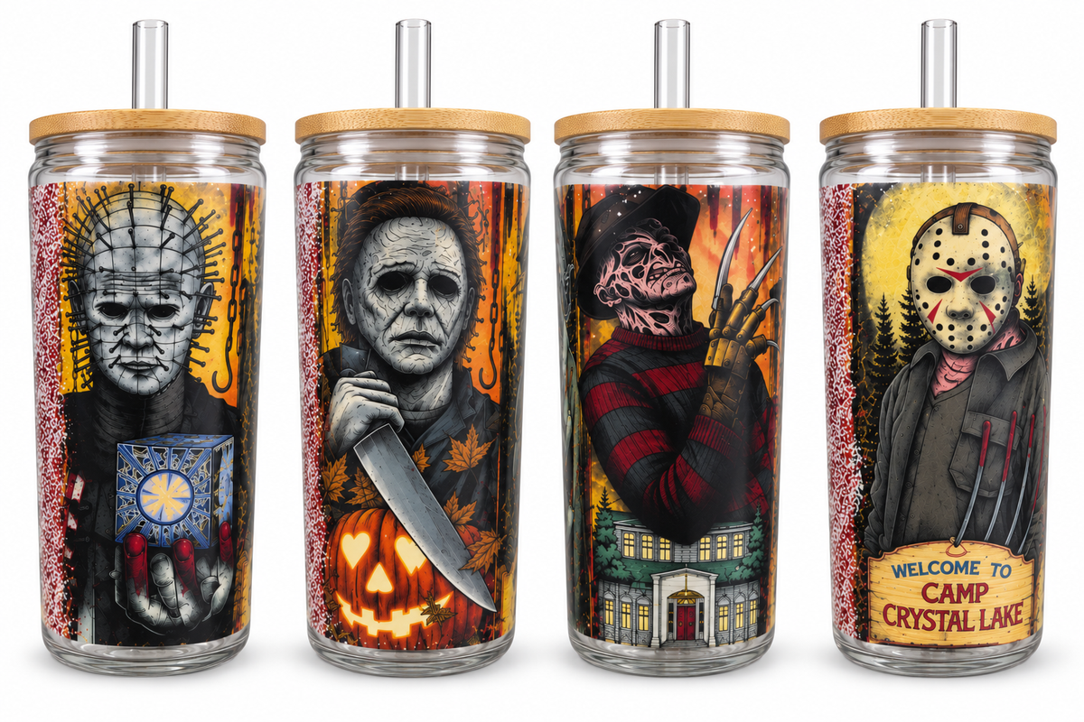 16 oz Classic Horror Icons Glitter Glass Tumbler – Spooky Halloween Cup