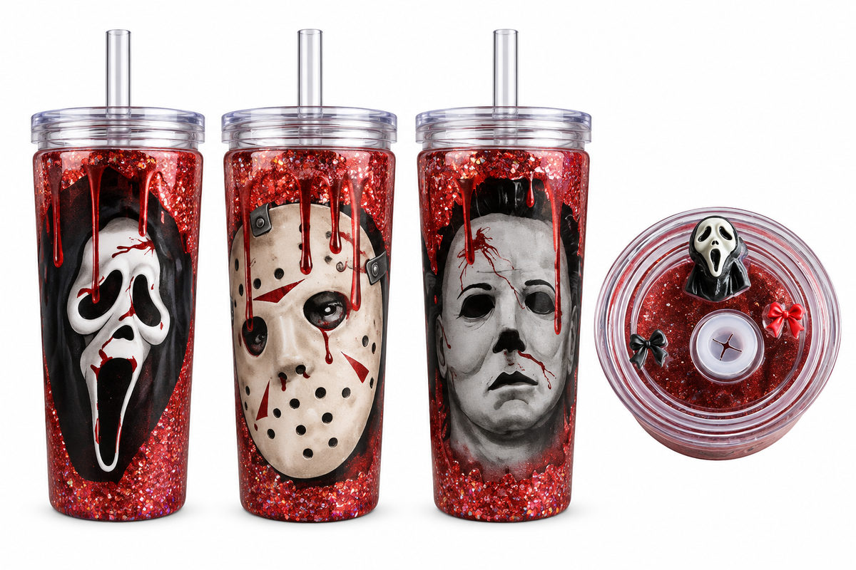 16 oz Horror Icons Red Glitter Plastic Tumbler