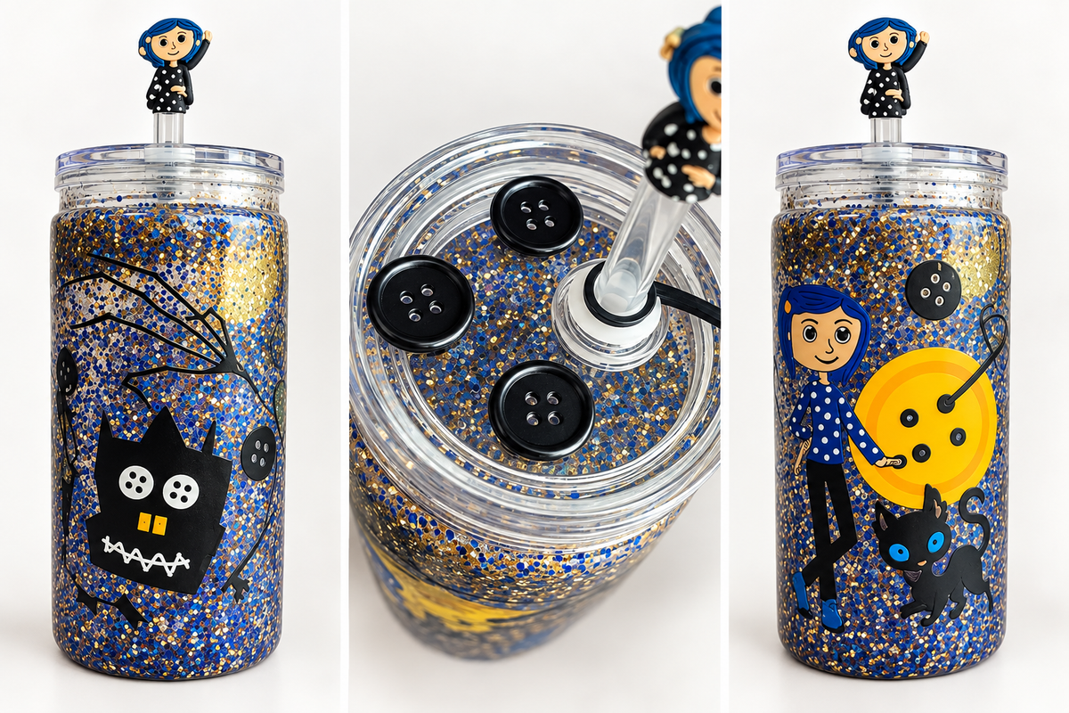 16 oz Coraline Button-Inspired Glitter Plastic Tumbler with Straw