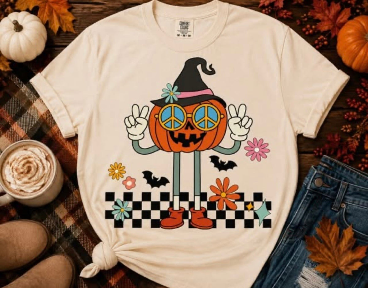 Retro Halloween Pumpkin Shirt | Groovy Peace Sign Jack O’ Lantern Tee | Cute Fall Graphic Shirt