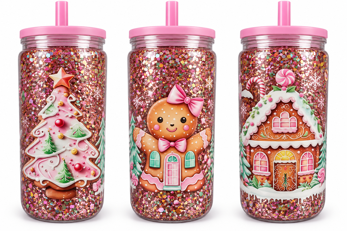 16 oz Pink Gingerbread Christmas Glitter Plastic Tumbler