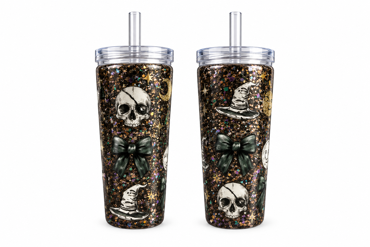 16 oz Spooky Skulls & Bows Glitter Plastic Tumbler
