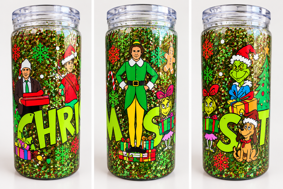 16 oz Christmas Elf & Grinch Glitter Plastic Tumbler
