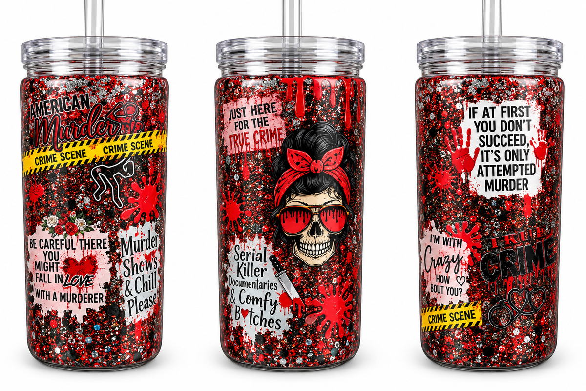 16 oz True Crime Junkie Red & Black Glitter Plastic Tumbler