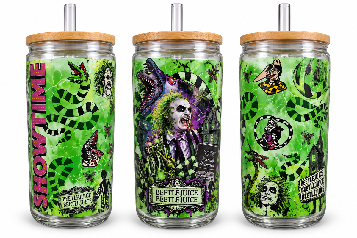 16 oz Beetlejuice-Inspired Showtime Glass Tumbler