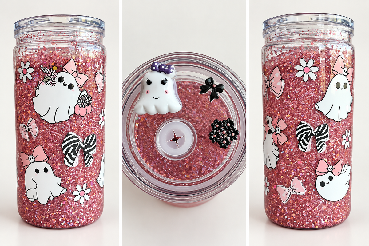 16 oz Pink Glitter Cute Ghost & Bow Plastic Tumbler