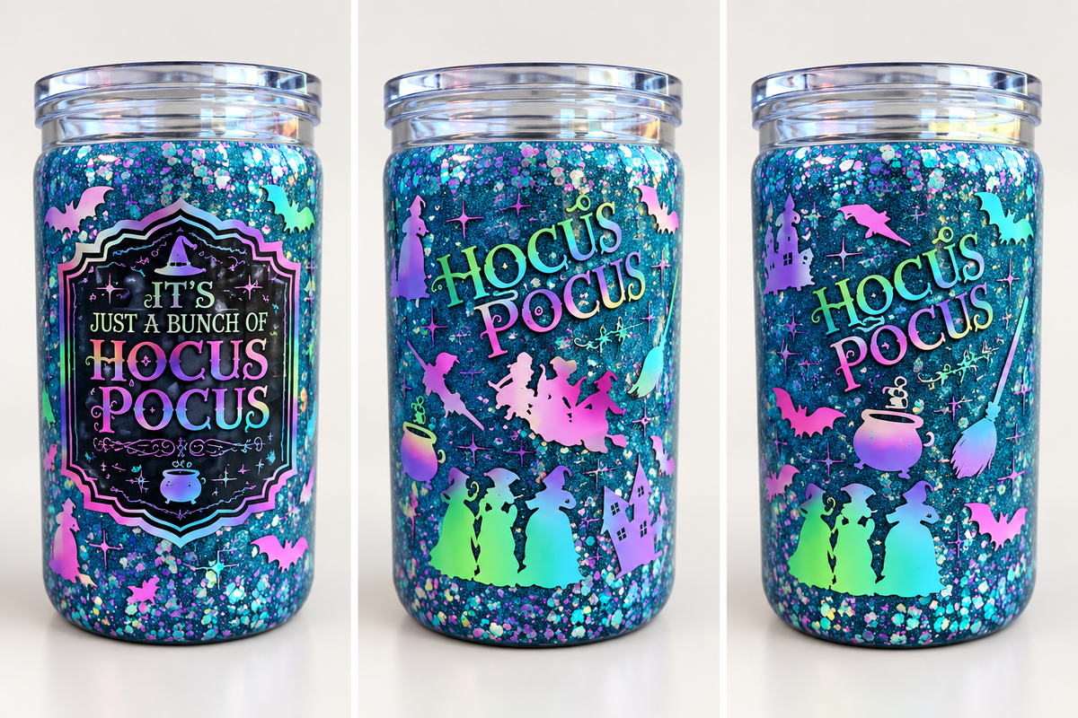 16 oz Hocus Pocus Blue Glitter Plastic Tumbler – Witchy Halloween Cup