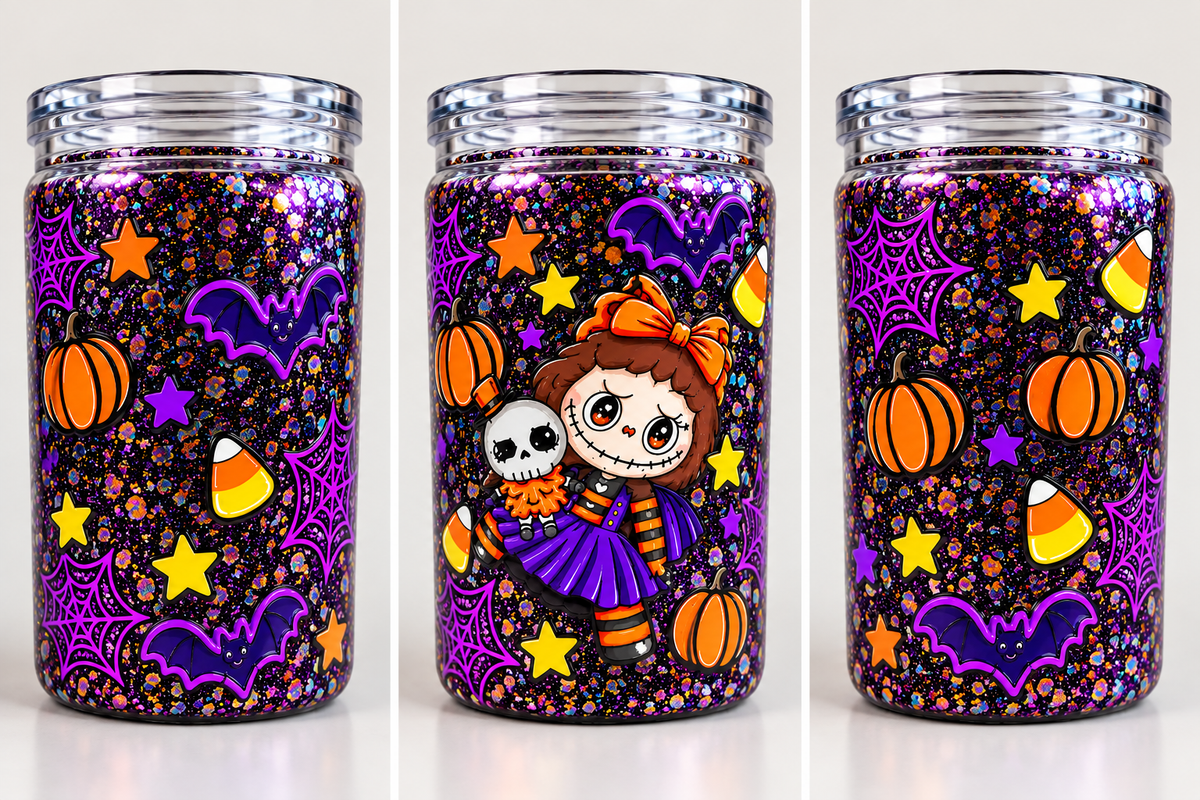 16 oz Spooky Rag Doll & Skeleton Halloween Glitter Plastic Tumbler