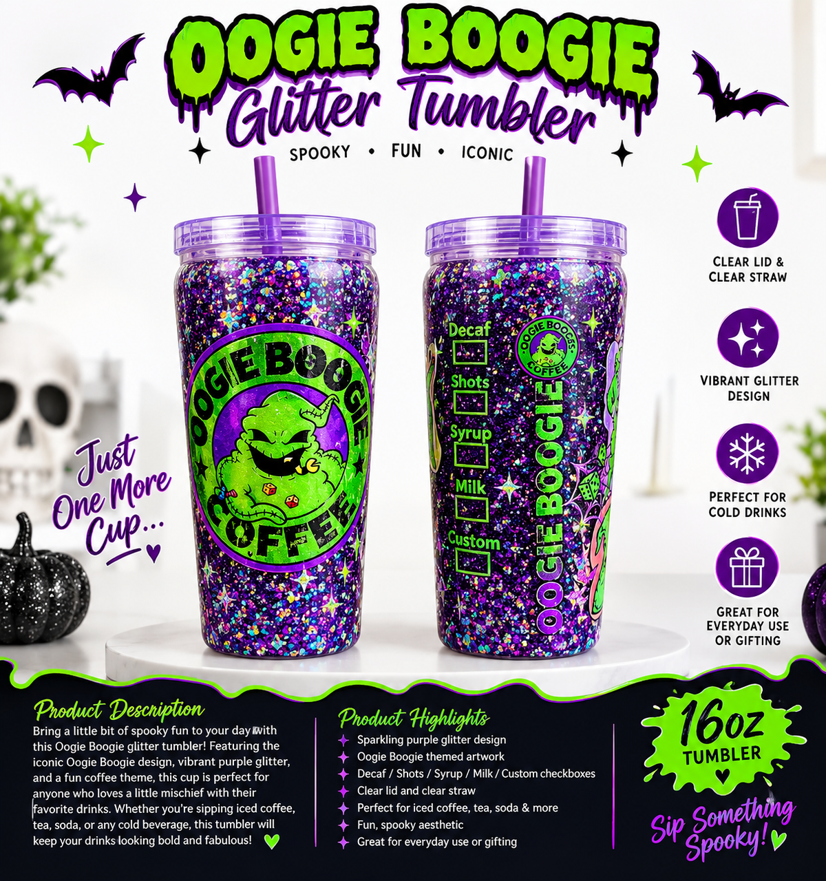 Oogie Boogie Glitter Tumbler – 16oz