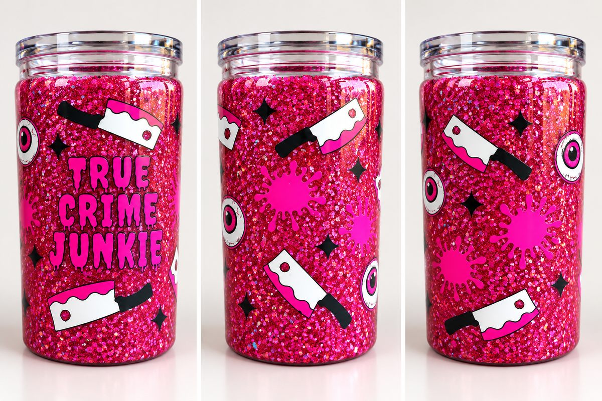 16 oz True Crime Junkie Pink Glitter Plastic Tumbler