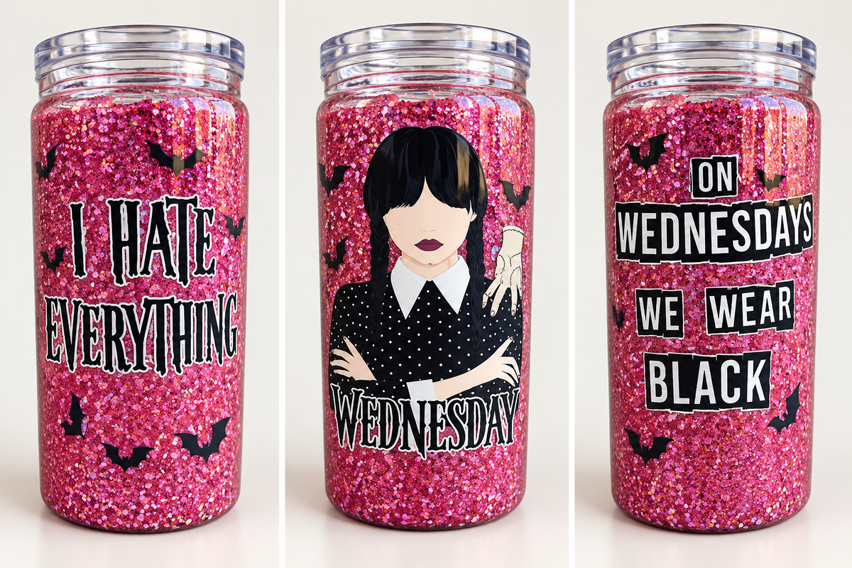 16 oz Wednesday-Inspired Pink Glitter Plastic Tumbler – We Wear Black