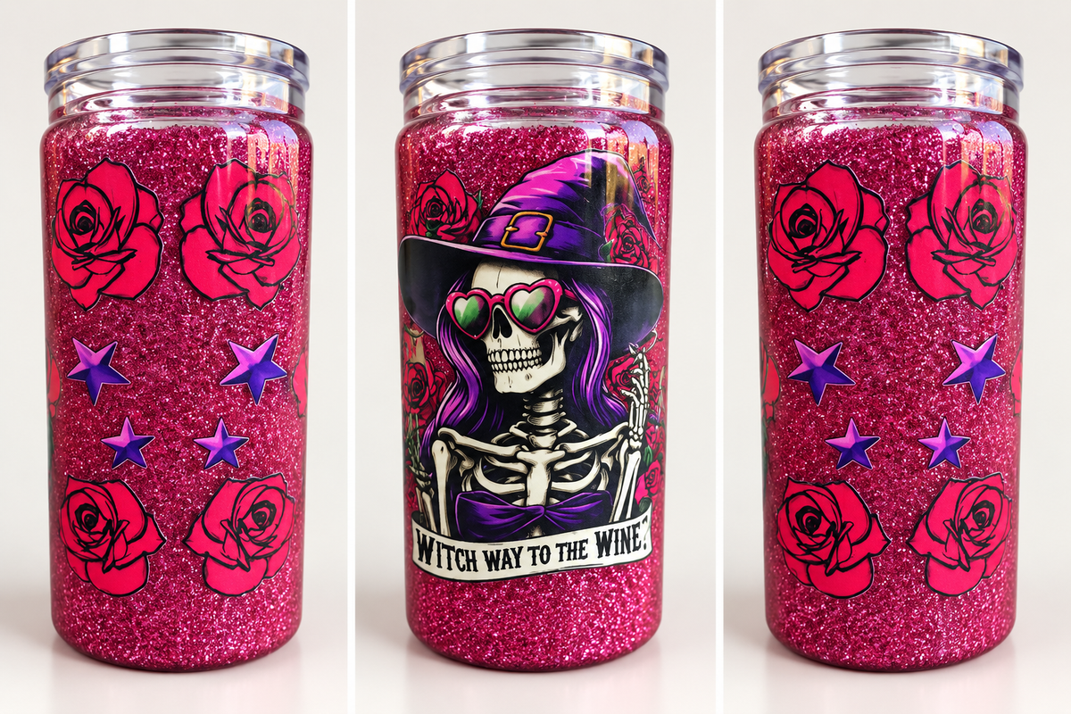 16 oz Witch Way to the Wine Pink Glitter Plastic Tumbler